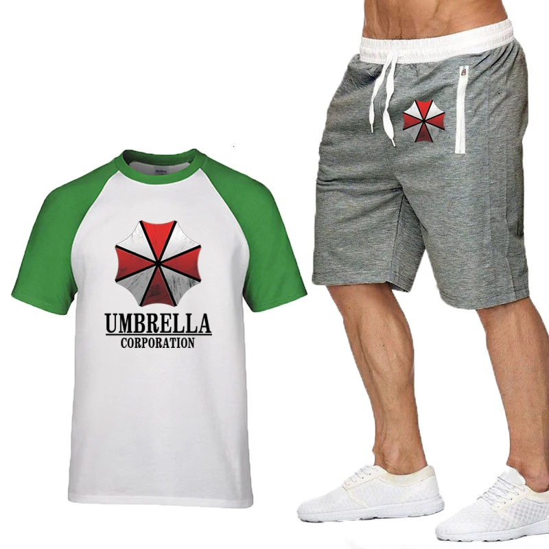 New Summer Men’s T-Shirts Umbrella Corporation Printed Raglan Short Sleeve High Quality Cotton Men's T-shirt+Shorts Suit 2pcs