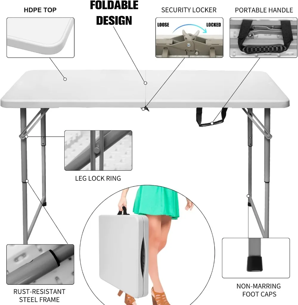 Mesa plegable de 4 pies, mesa de utilidad plegable por la mitad de plástico resistente portátil, mesa plegable pequeña de altura ajustable para interiores y exteriores