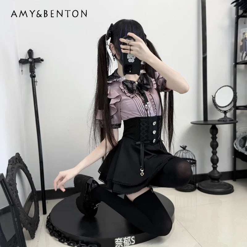 Dubbele Strik Pop Kraag Japanse In Massa Geproduceerde Patchwork Kleur Korte Mouw Zomer Zoete Leuke Lolita Veelzijdige Shirts