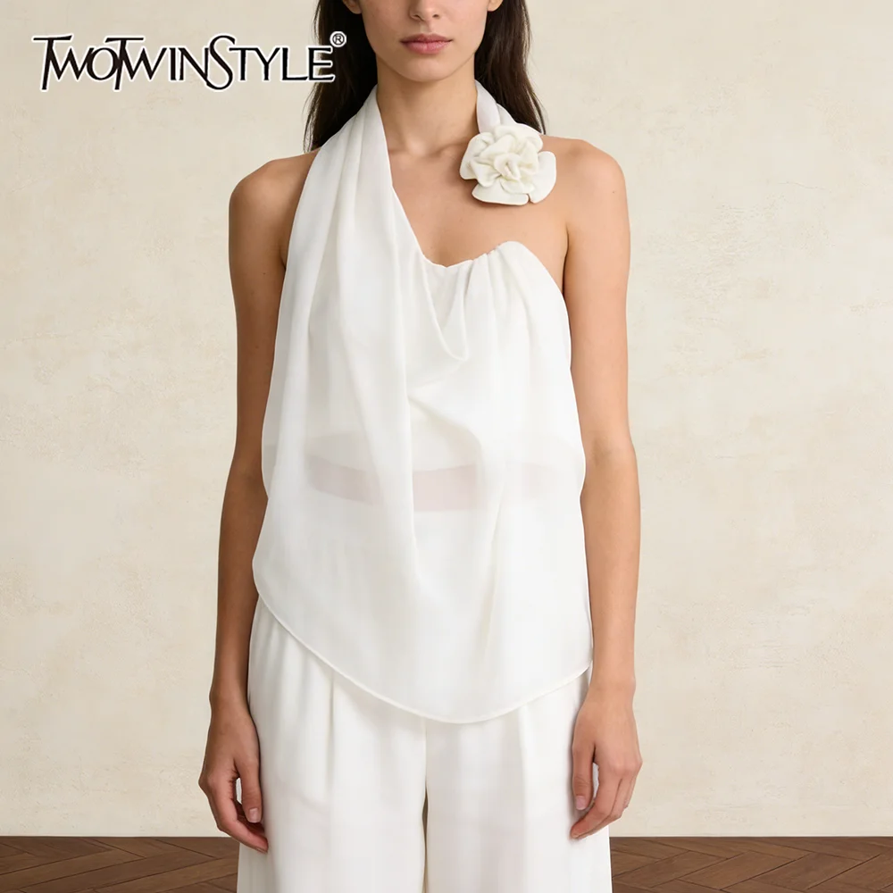 

TWOTWINSTYLE White Spliced 3D Flower Chic Shirt Female Halter Sleeveless Loose French Elegant Women's Shirts Fashion Summer New
