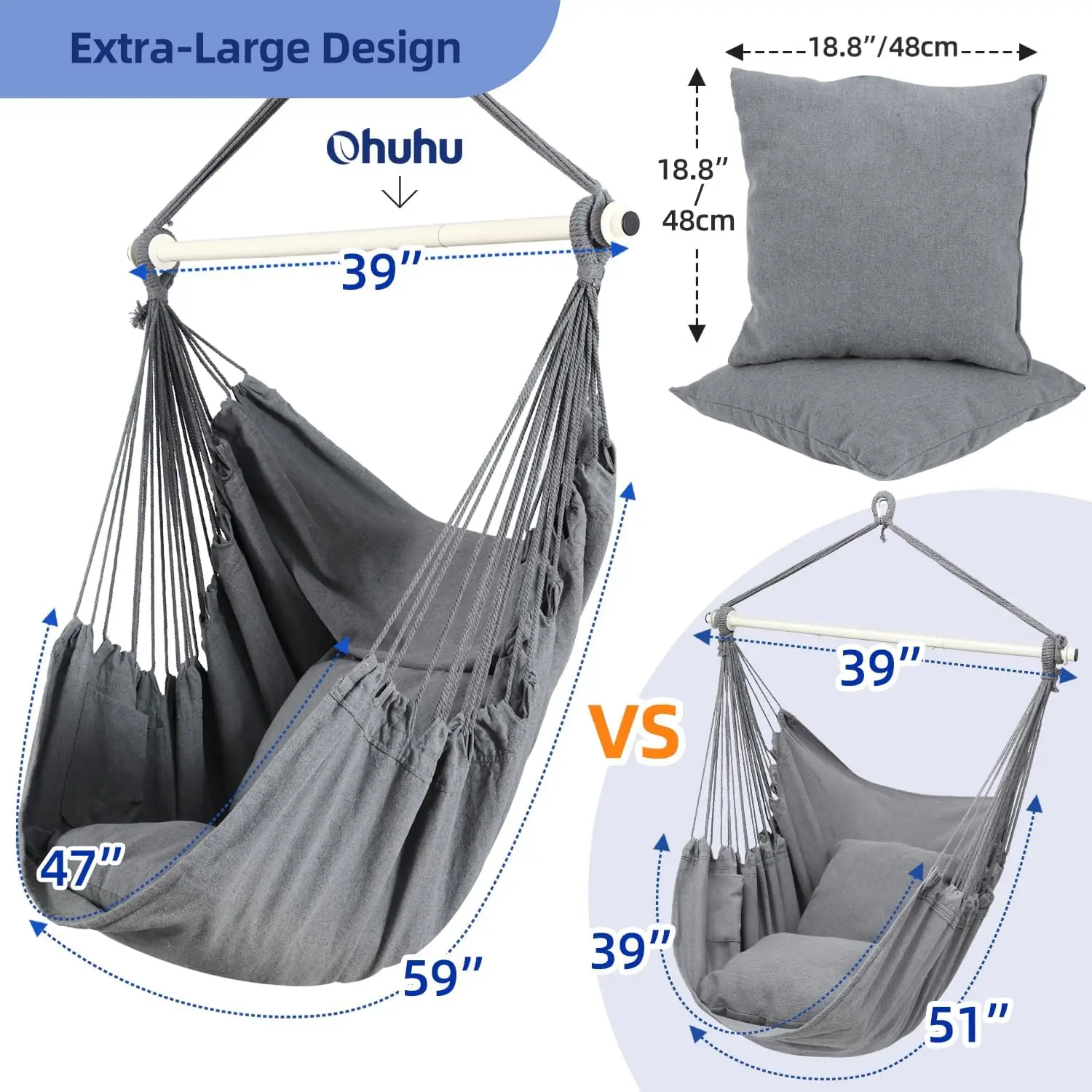 Hammock Chair Swing with Hardwares, Ohuhu XL Portable Hanging Chairs with Cushions Installation Kit Detachable Metal