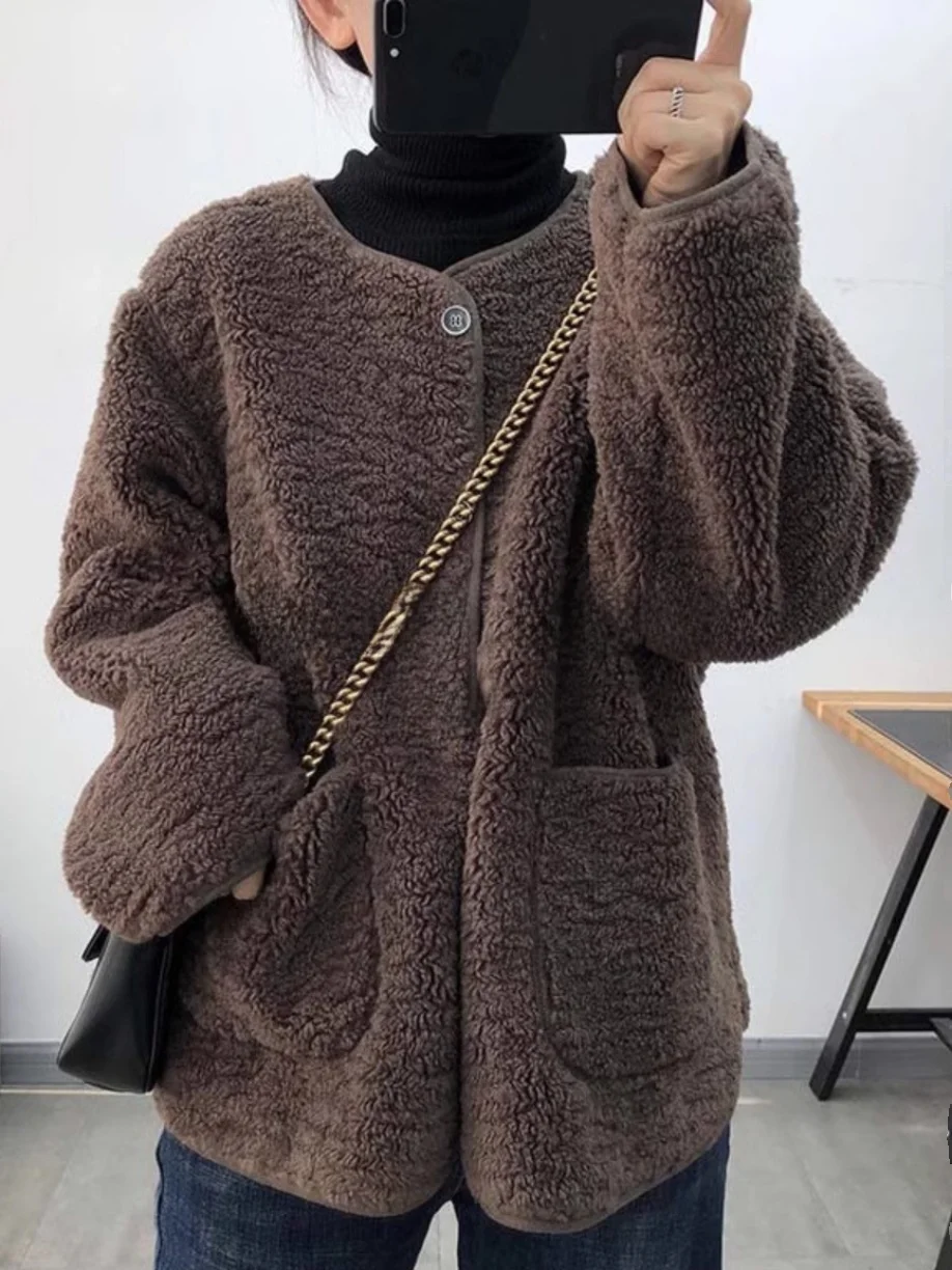 

ROUJE KEFSS Women's Thickened Lamb Velvet Particle Jacket Loose Fur Coat Open Cardigan Style Autumn Winter Casual Outerwear