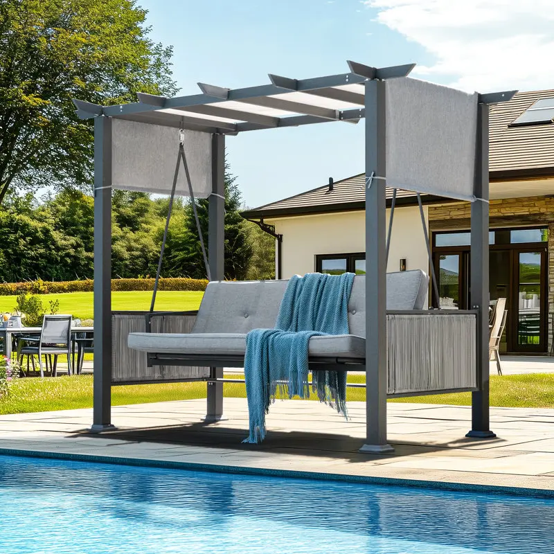 

！@Dwoo Modern Outdoor Metal Iron Frame Patio Swing Long Lasting Durability Garden Porch Sunbed Poolside Swing