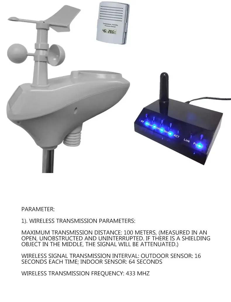 Wireless weather station WiFi connection Solar charging Wireless 100m transmission distance Data upload Data storage