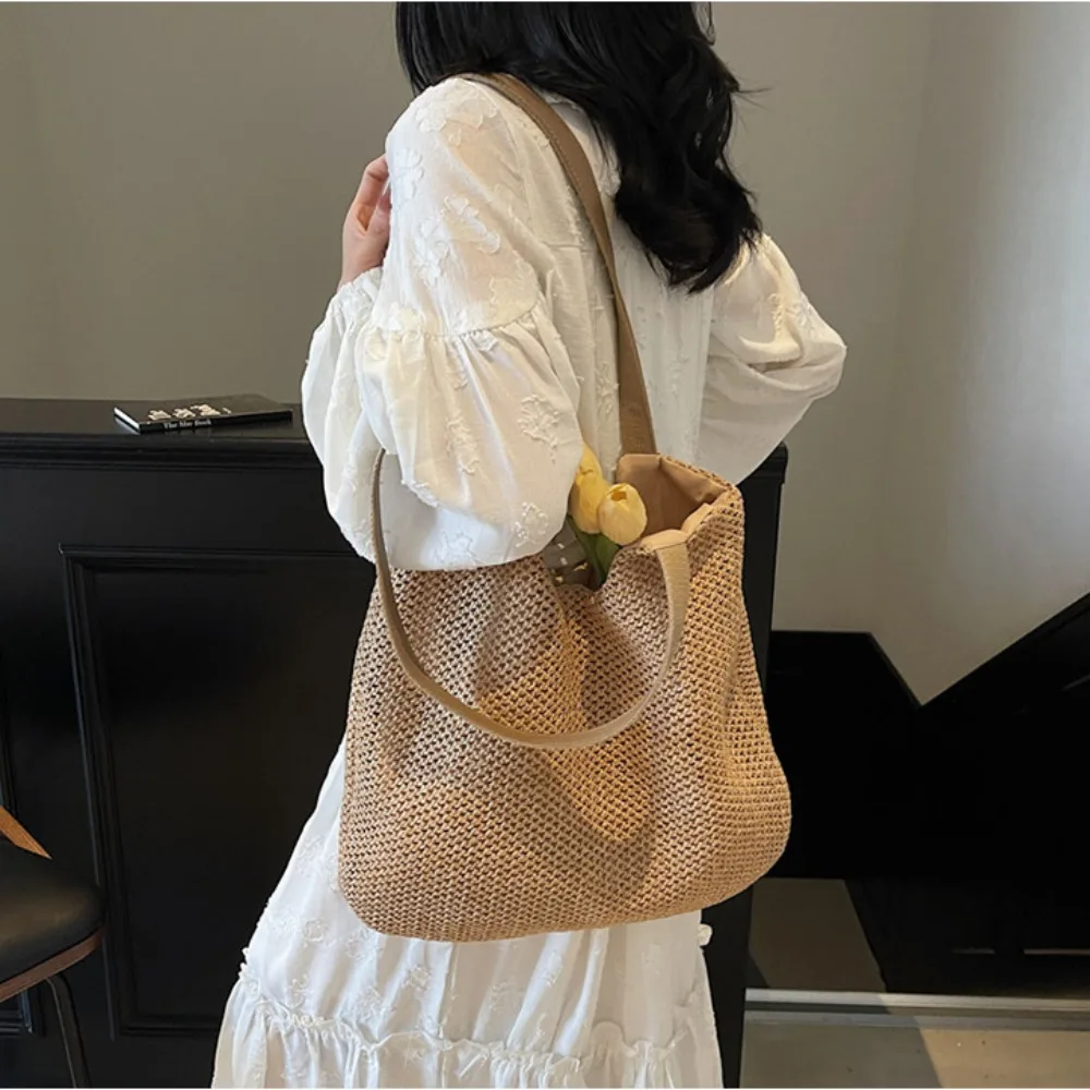 

Casual Square Weave Straw Tote Bag Magnetic Buckle Bohemian Style Beach Bag Large Capacity Handbag Raffia Shoulder Bag Girls