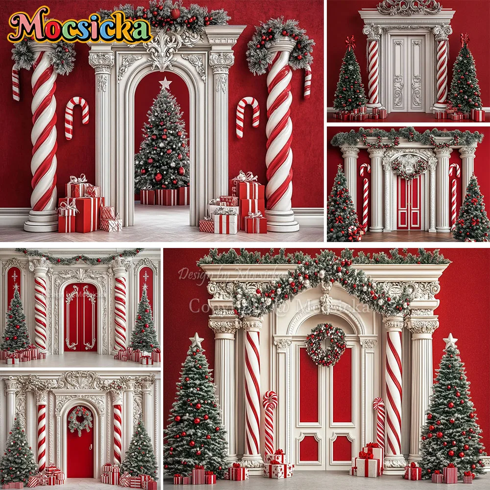 Mocsicka الأحمر عيد الميلاد حلوى قصب قصر خلفية التصوير الفوتوغرافي شجرة عيد الميلاد هدية الباب خلفية الشتاء الاطفال عيد ميلاد استوديو الصور