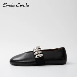 Smile Circle  Women's Flats Cowhide Comfortable Black Shoes Casual New Style Sheepskin Flat Shoes