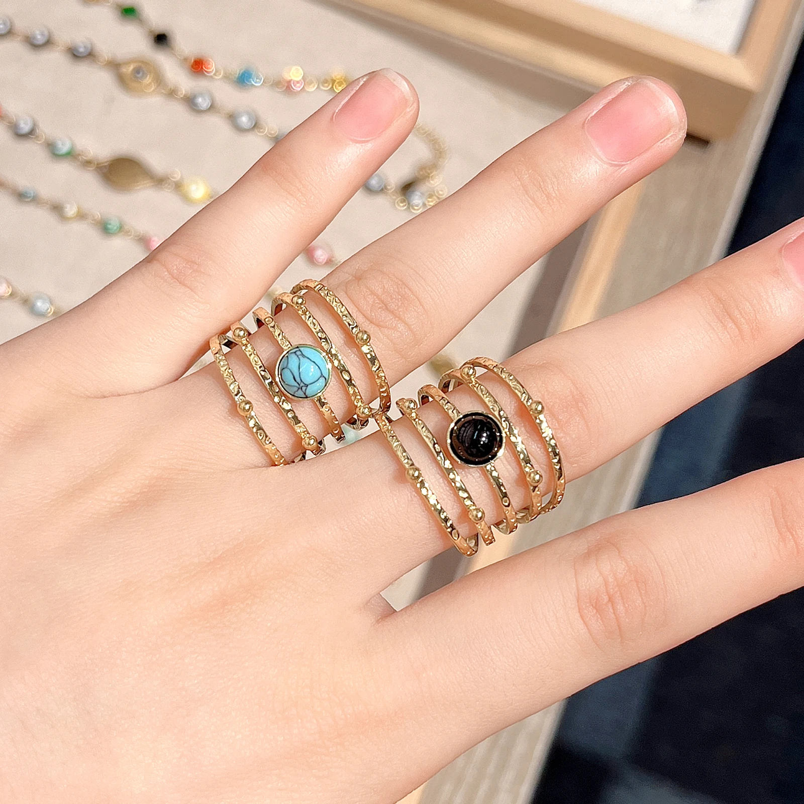 2025 Retro Women Stainless Steel Waterproof Rings Unique High Quality Bohemia Natural Stone Wide Rings Open Jewelry Party Gift
