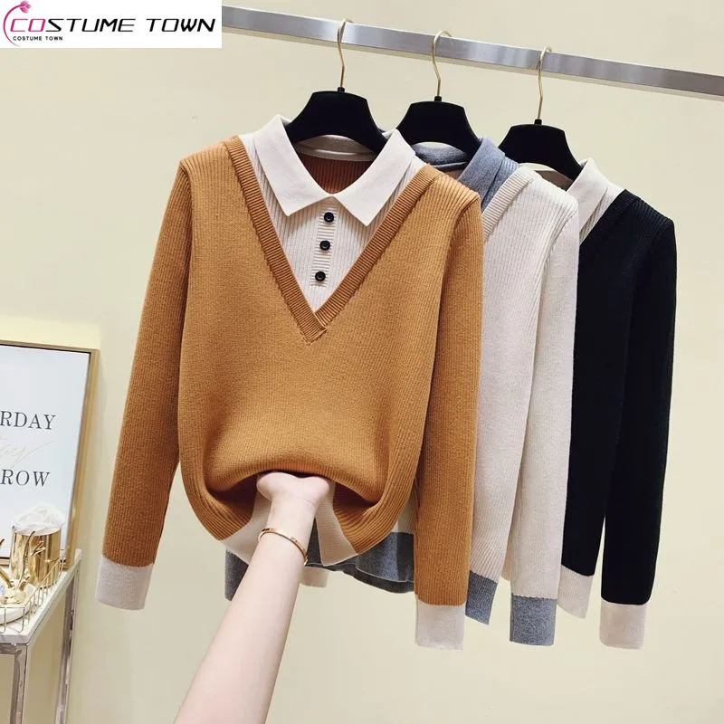 Spring and Autumn Fashion Casual POLO Collar Fake Two Piece Women\'s Sweater Reduced Age Long Sleeve Knitted Top