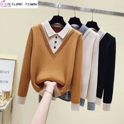 Spring and Autumn Fashion Casual POLO Collar Fake Two Piece Women's Sweater Reduced Age Long Sleeve Knitted Top