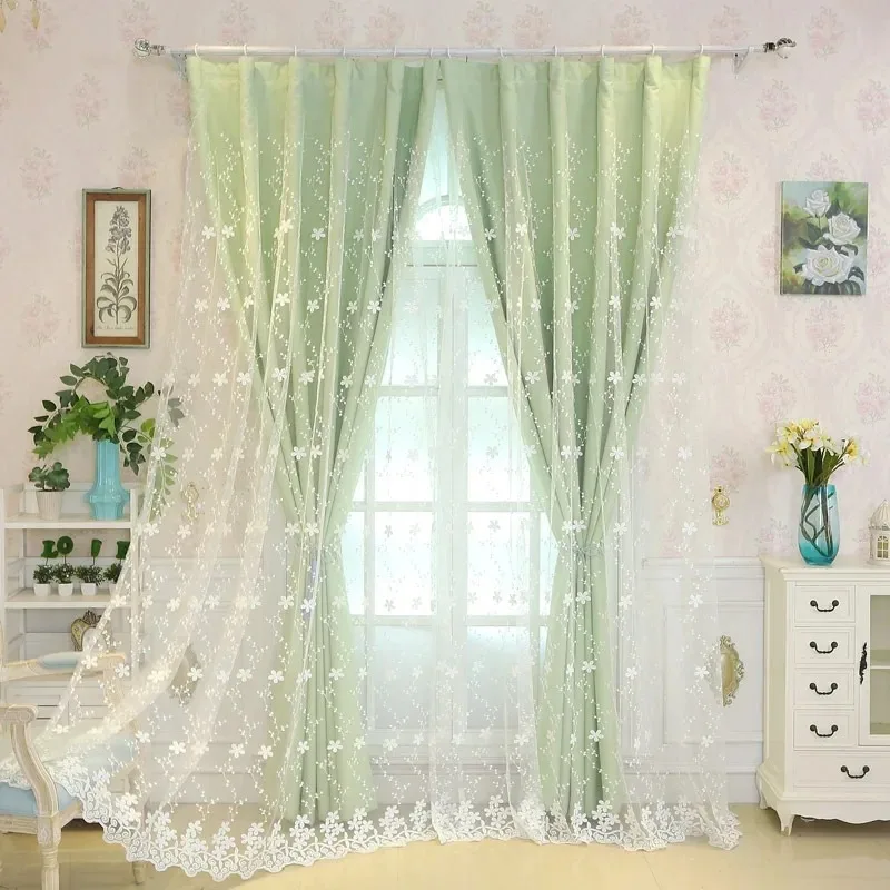 

Small Fresh Flower Gauze Color Cloth Luxury Blackout Curtains for Living Room Bedroom Window Light and Thin Set White Tulle