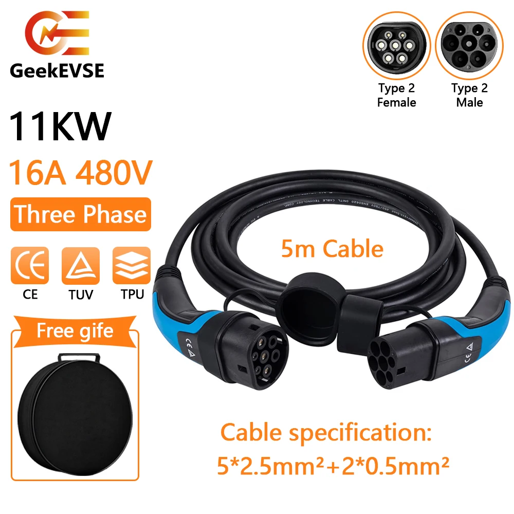 GeekEVSE 11kW 5M Three Phase Electric Car Charging Cable Type 2 IEC 62196-2,Type 2 to Type 2 Cable with Storage Bag