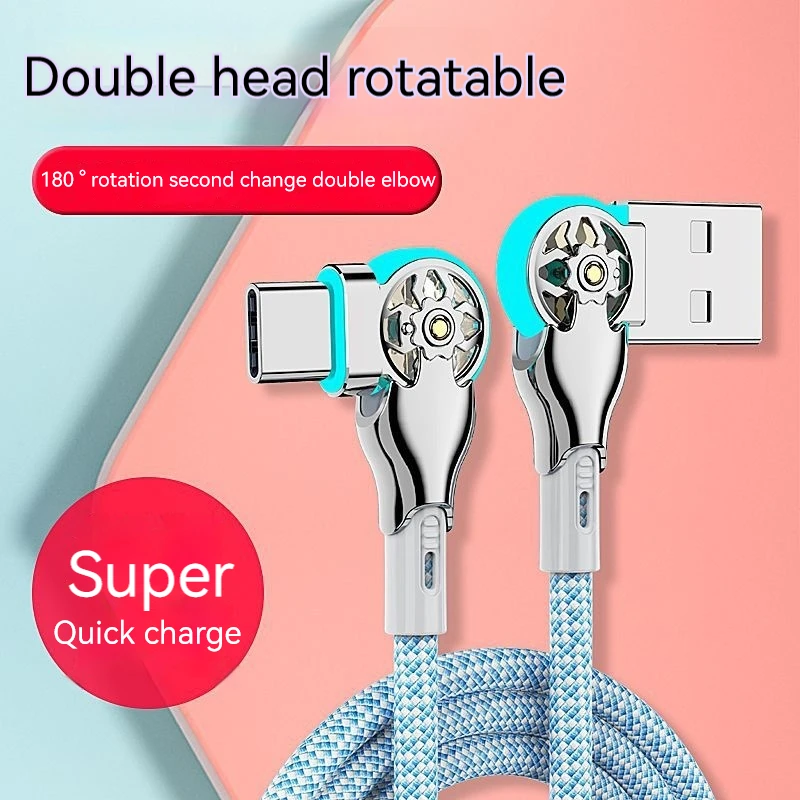 USB Tipo-C Duplo Cotovelo Giratório, Luz Nylon Trançado Extensão, Mech Rápido Carregamento de Dados Cabo, Universal Car