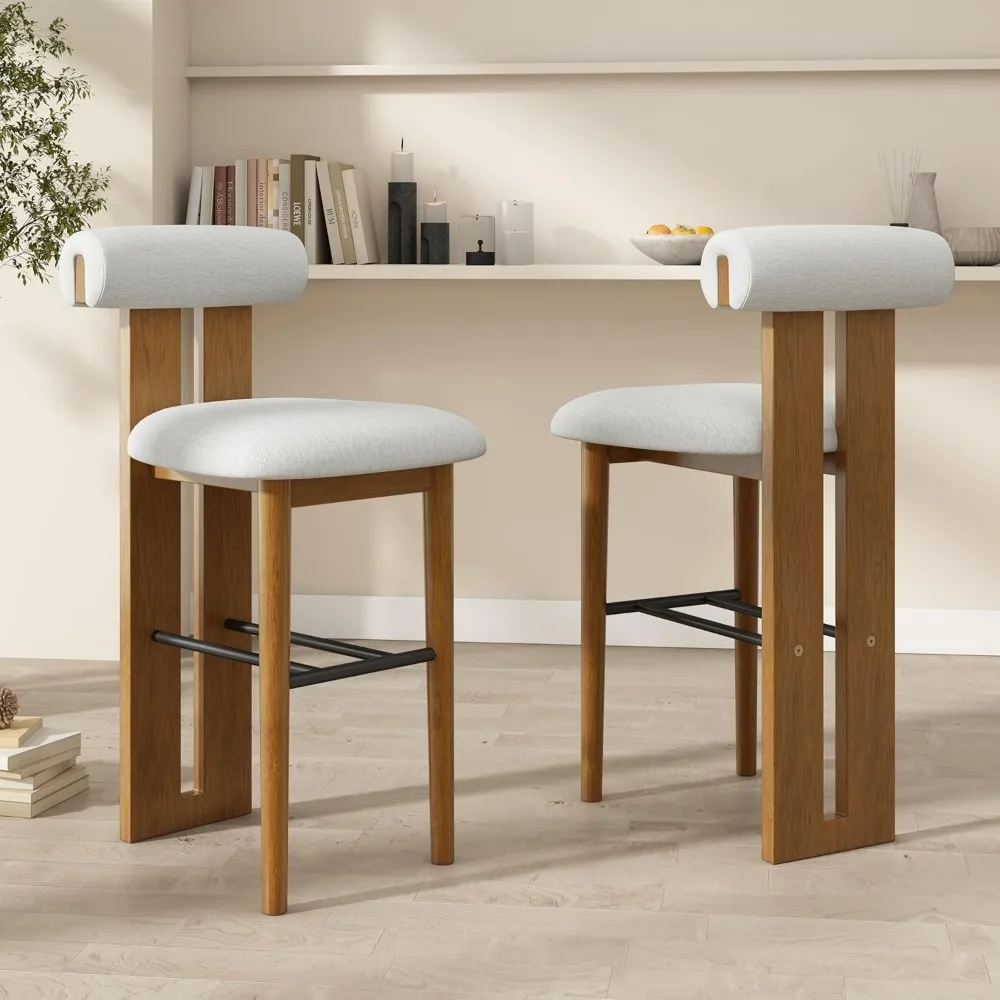 Set of 2 Wood Upholstered Barstools,Walnut Finish Rubberwood Frame,Cloud-Top Backrest,Mid-Back Modern Counter Stools