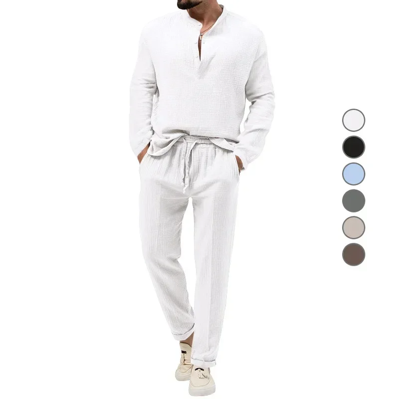 

Men Pant Set Two Piece Sets Casual Full Sleeve V Neck Shirts T Shirt Tops Solid Regular Elastic Waist Lace Up Long Pants 2025