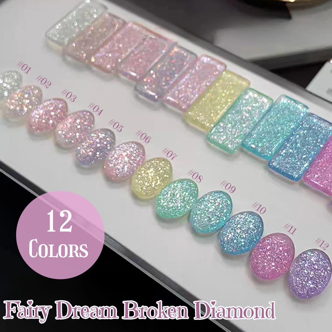 1-12 unidades TC Nuevo Esmalte de Uñas en Gel Flash Fairy Dream con Diamantes Rotos, Fantástico Gel de Uñas con Diamantes Rotos en Rosa y Azul para la Punta de los Dedos