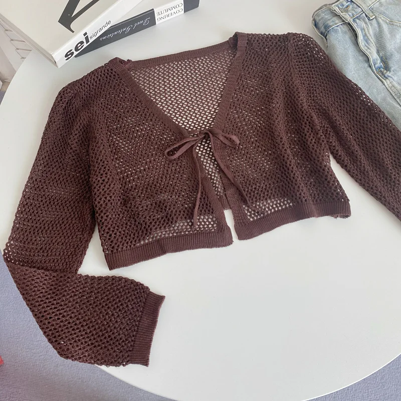 Laço frontal colheita topo manga longa pura malha aberta cardigan blusas cobrir verão primavera feminino adolescente y2k 90s outfit