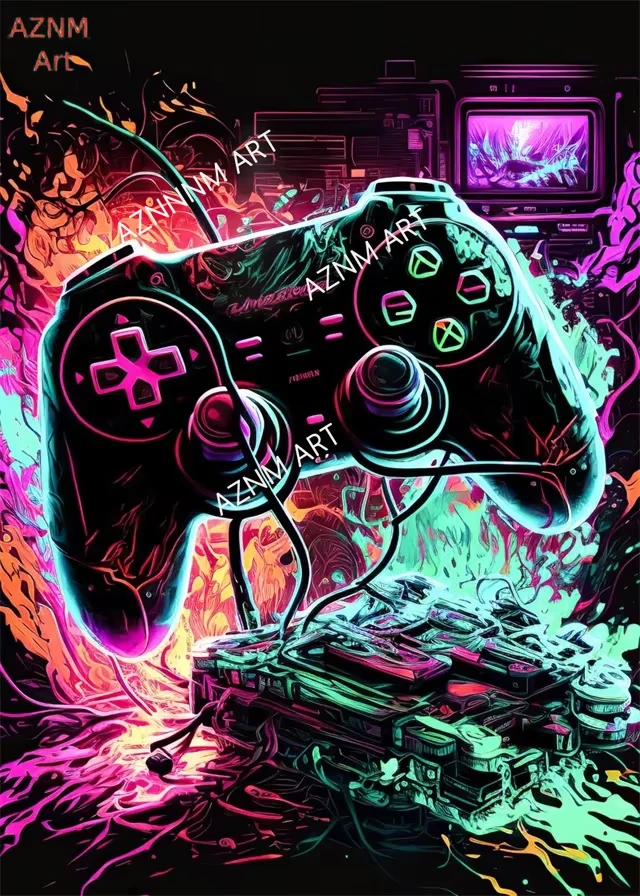 80s Classic Hot E-Sports Game Poster Print Neon Controller Game Poster Print Gamer Boy Room Game Room Background Wall Home Decor