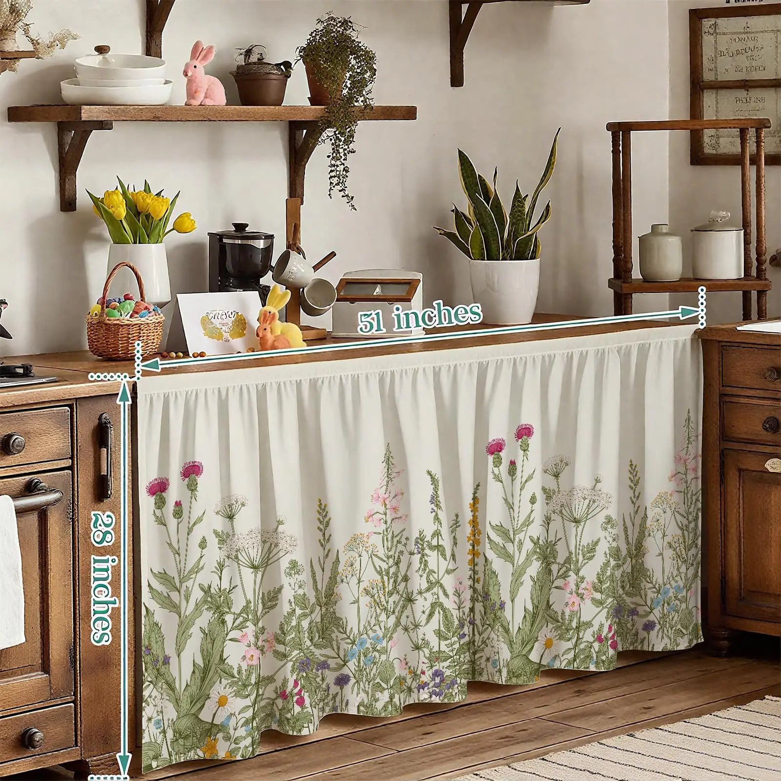 Cabinet Curtains Sink Skirt Bathroom Floral Botanical Short Curtains Kitchen Boho Spring Colorful Leaves Dishwasher Curtain