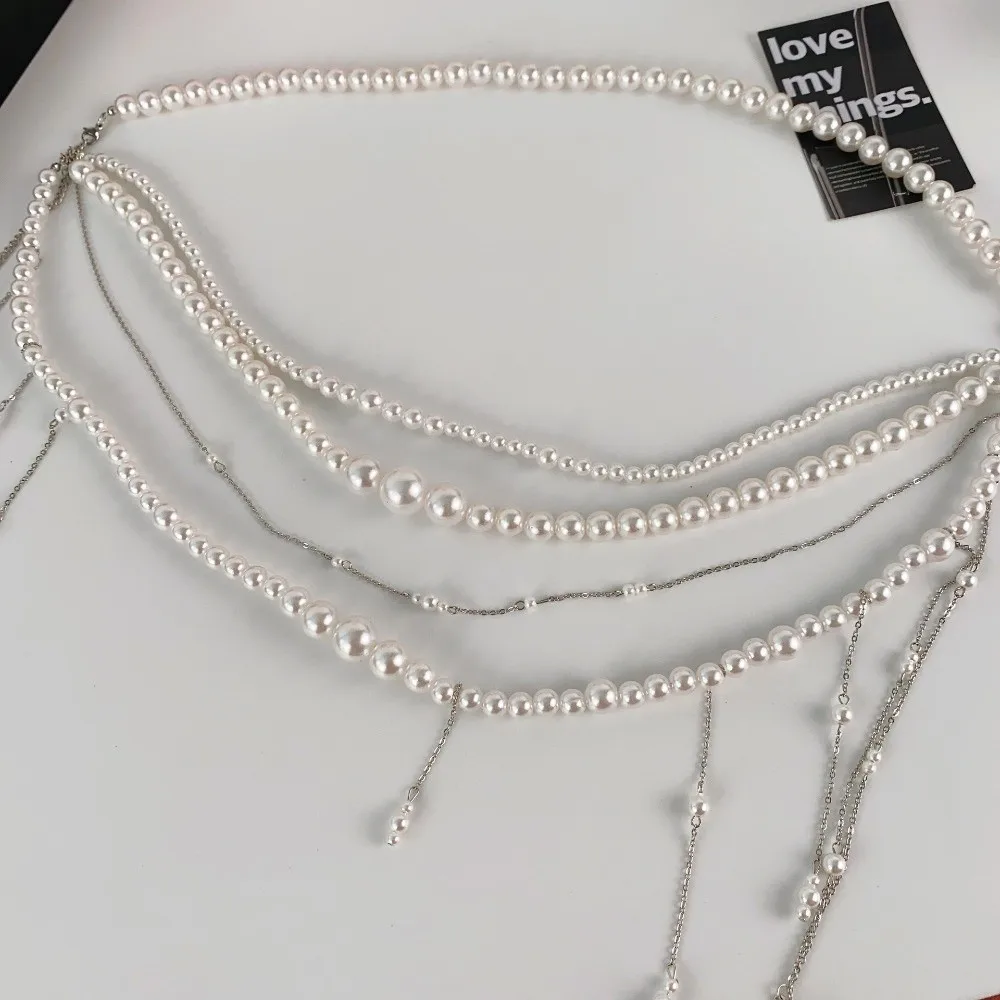 Cadena de cintura con borlas y perlas brillantes, accesorios de ropa multicapa, accesorios de joyería para el cuerpo, cinturón de fiesta, ropa informal