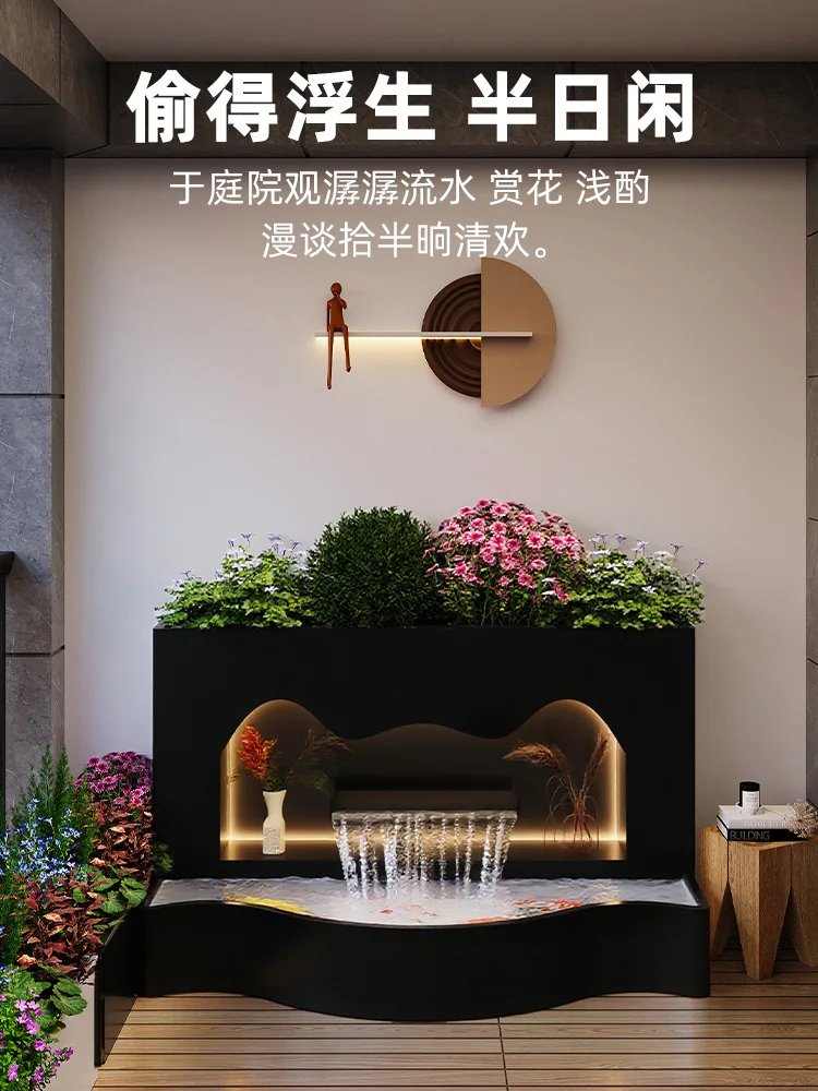 

Outdoor villa flowing water flower box landscaping fish pool screen partition wall stainless steel layout wall