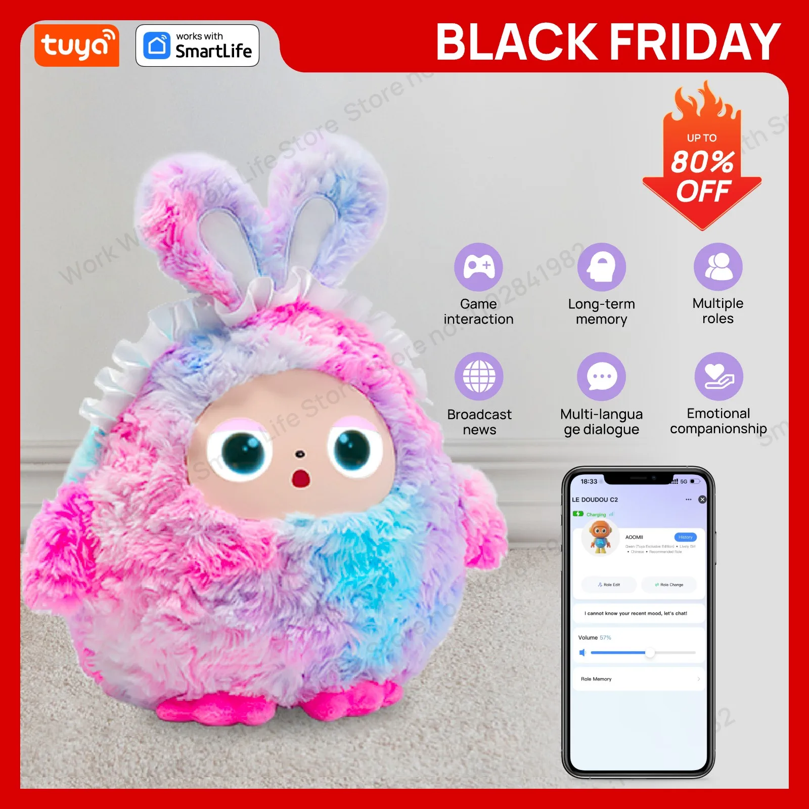 AI Plush Toy W/Smart Voice&LED Eyes,Interactive Companion ReadyRechargeable E-Pet open up fun life W/Tuya App-Multicolor