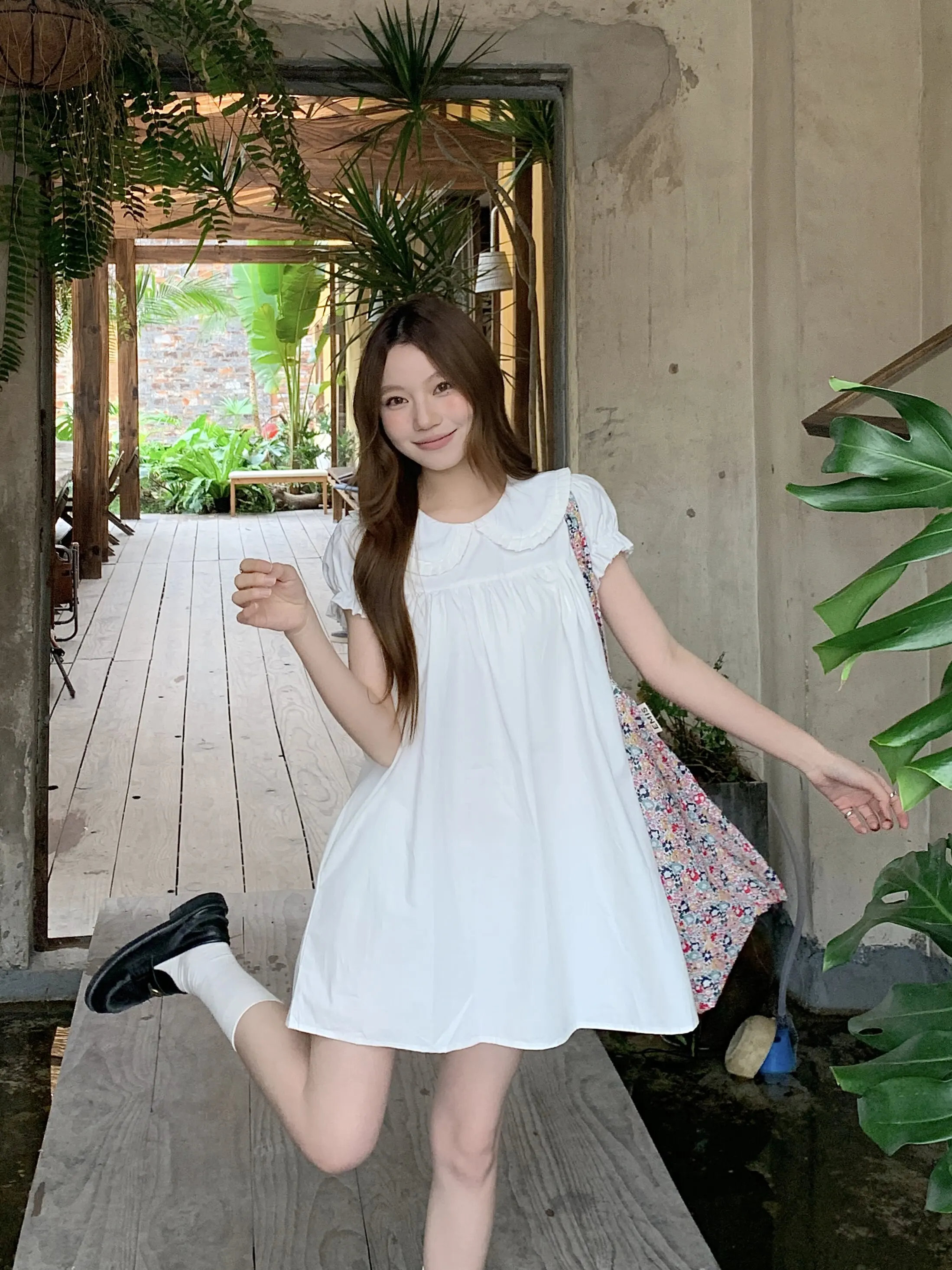 White Doll Collar Bubble Sleeve Short Sleeve Dress Women Summer Small Size Age Reduction Loose Slim A-Line  Dress