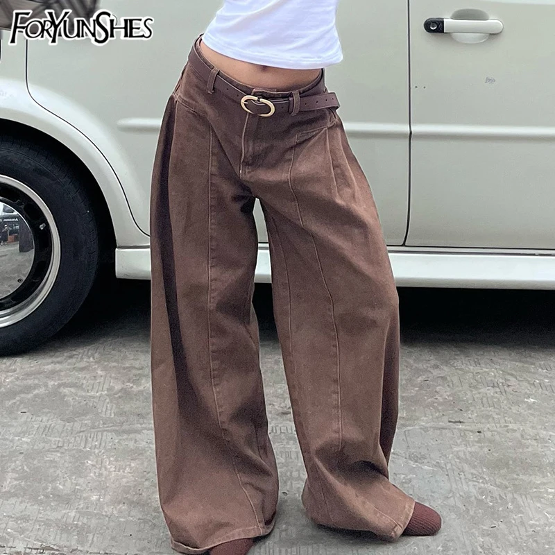 

Retro Brown Low Rise Jeans Distressed Stitching Baggy Denim Pants Streetwear Vintage 2000s Wide-leg Jeans Harajuku y2k Clothes