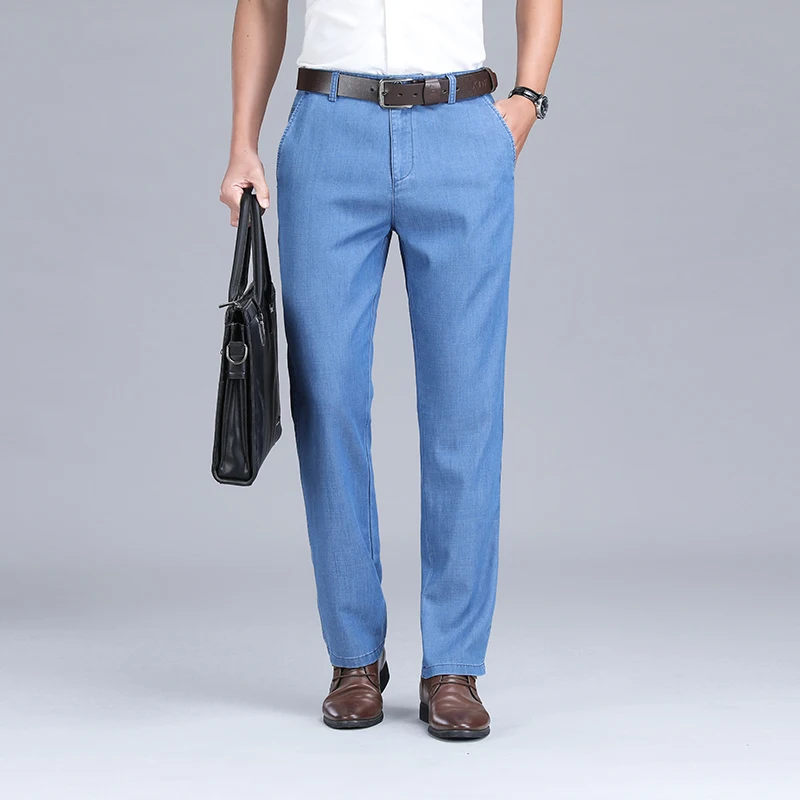 2024 New Men\'s Summer Thin Jeans Loose Stretch Large Size Ice Silk Straight Pants Elite Business Casual Pants Smoke Gray Blue