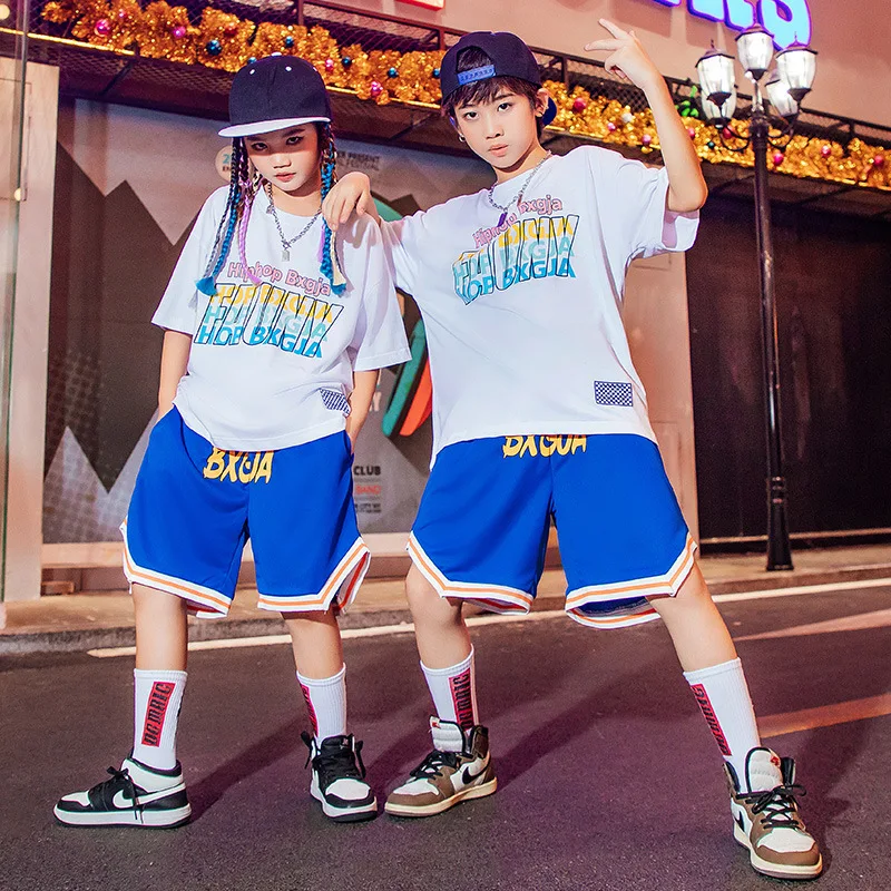 Kid Kpop Hip Hop Clothing White Graphic Tee Oversized T Shirt Top Blue Summer Shorts for Girl Boy Jazz Dance Costume Clothes Set