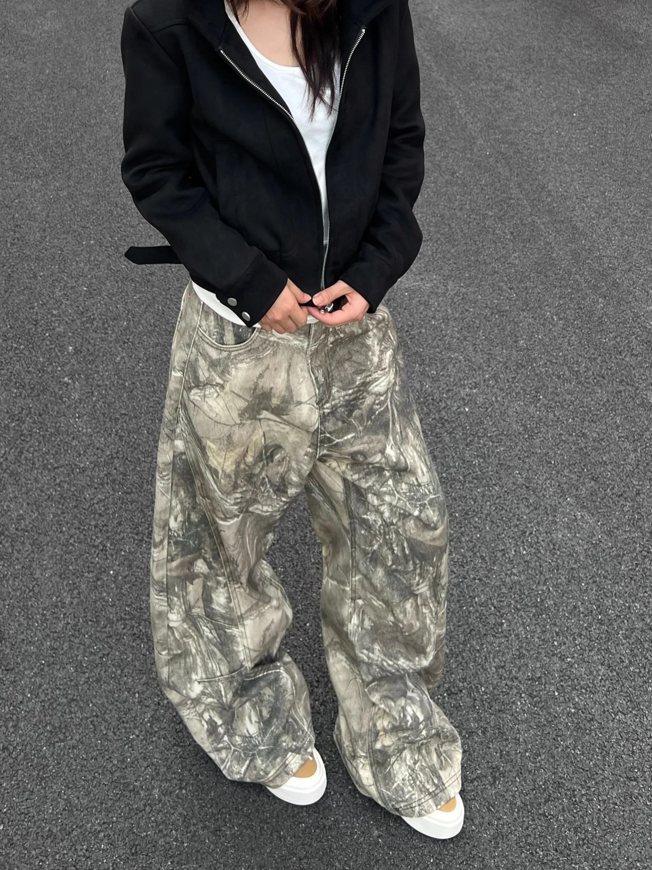 

American Vintage Washed Letter Embroidery Branch Camouflage Casual Pants Men Women Universal Wide Leg Straight Cut Jeans