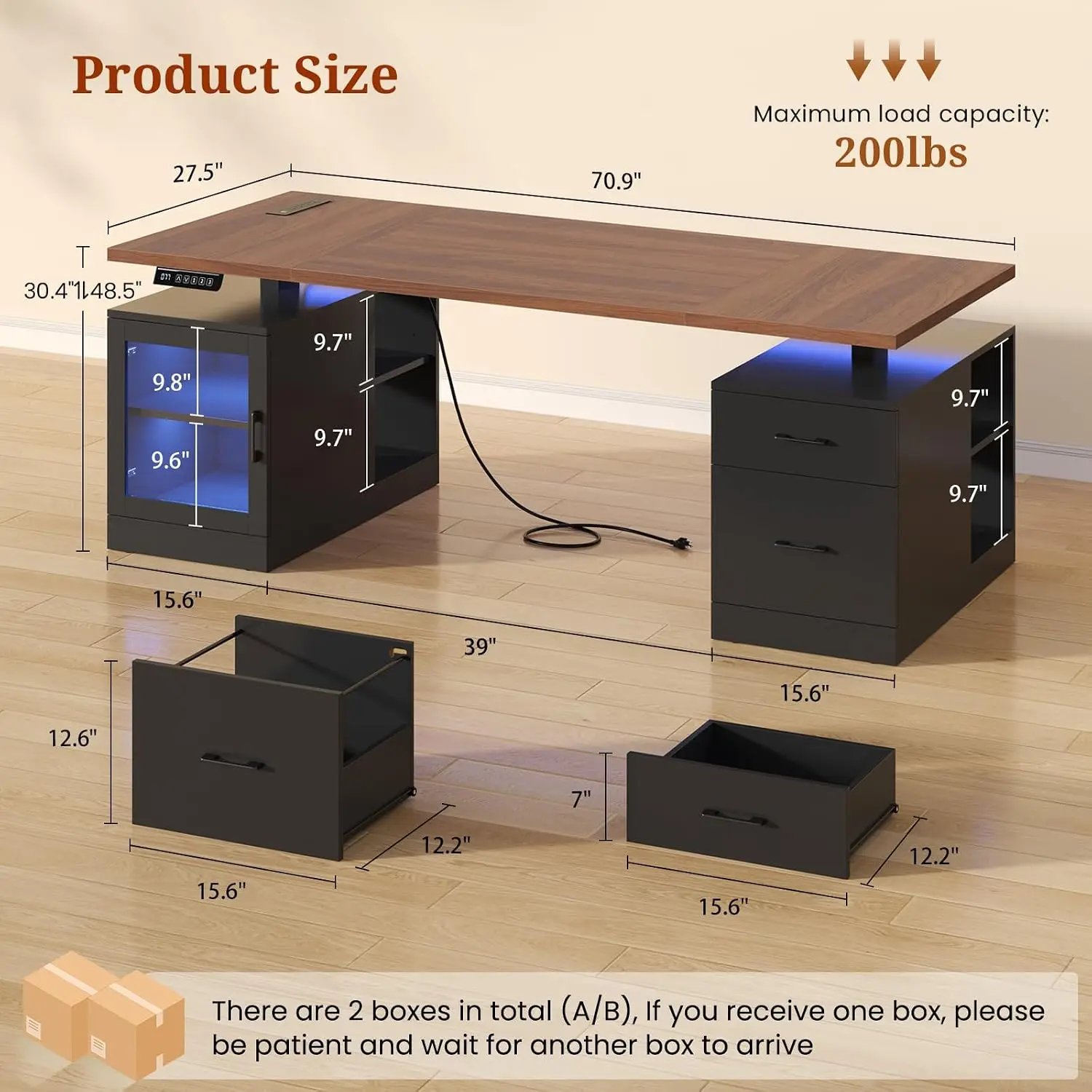 71 in Executive Standing Desk, Electric Height Adjustable Desk with Storage Drawers, Glass Cabinet, Shelves, Power, Customized