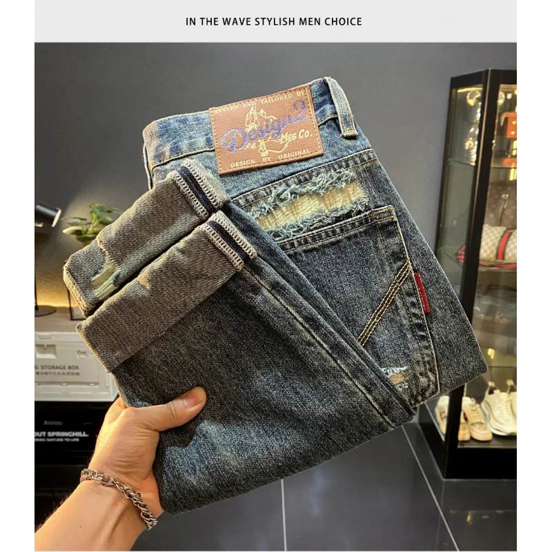 

2025 American High-End Trendy Ripped Patch Jeans Men's Loose Straight Cool Casual Autumn New Long Pants