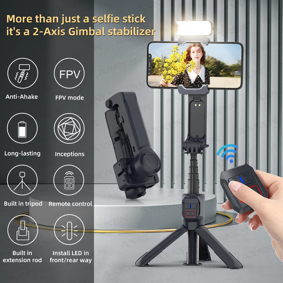 2-Axis Gimbal Stabilizer for Smartphone, Selfie Stick Portable Tripod with Fill Light, for Phone Video Recording Auto Balance