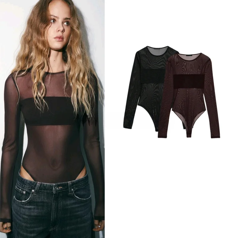 

Весенний новый женский сексуальный полупрозрачный комбинезон с длинными рукавами, круглым вырезом, кружевными вставками, из полиэстера, для повседневной носки