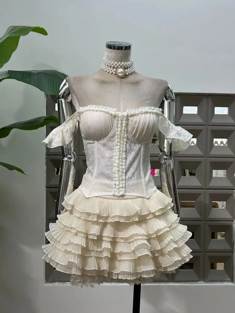 

Sweet Girly Style Boned Bustier Top Layered Jacquard Skort Color Summer Women's Fashion Party Outfit Two Piece Matching Set New