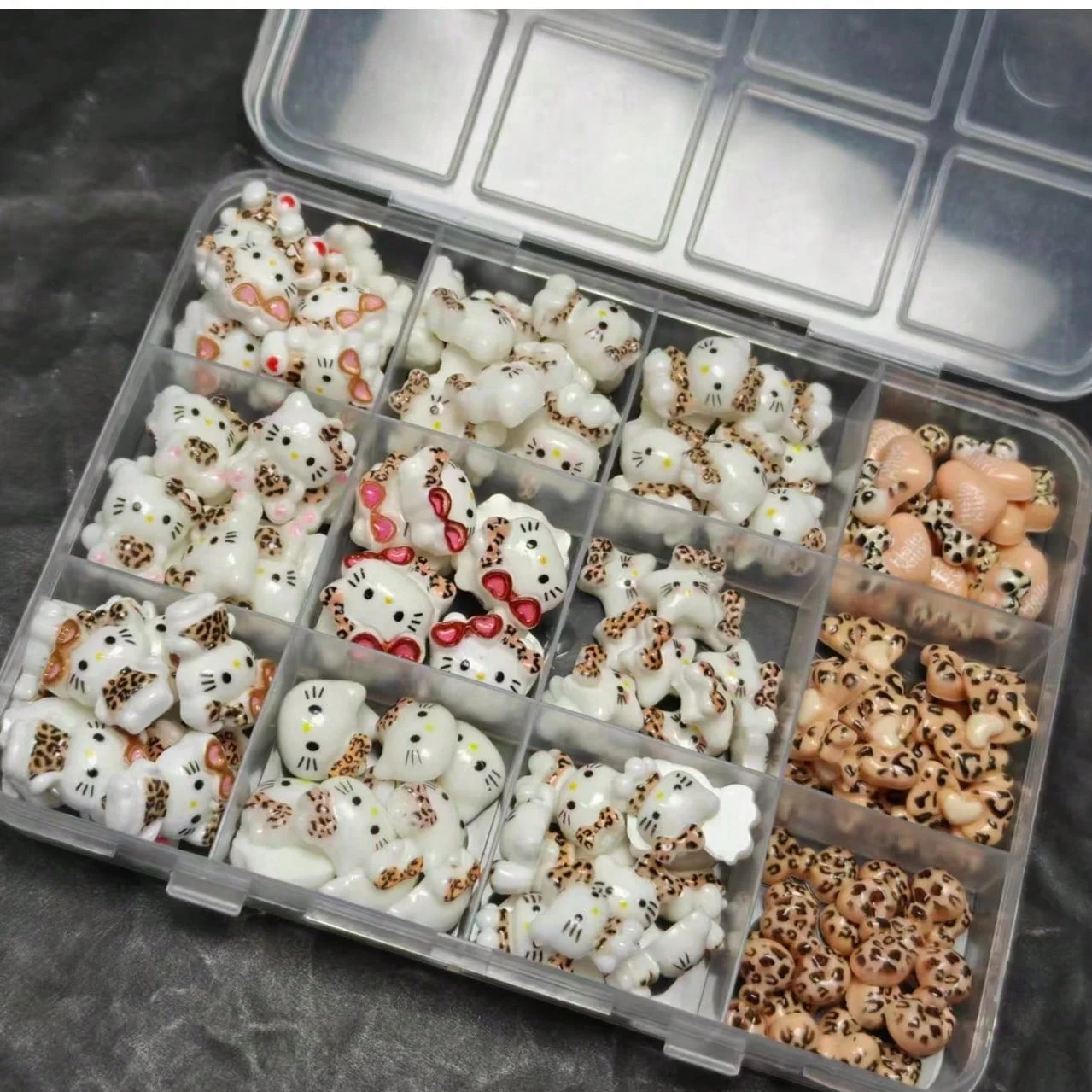 12‑Grids Box Leopard Print Hello Kitty 3D Nail Charms Mixed Resin Ornaments Kawaii DIY Nail Art Manicure Decor