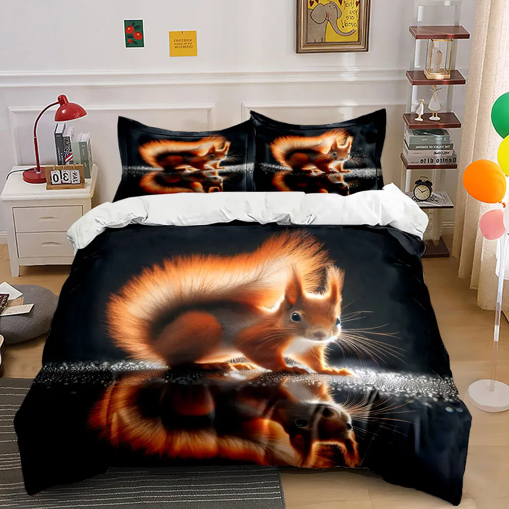 Fluffy red squirrel reflection Printed Duvet Cover Set1 Duvet Cover+2 PillowcaseMulti Size Bedroom Bedding Decor Luxury gifts