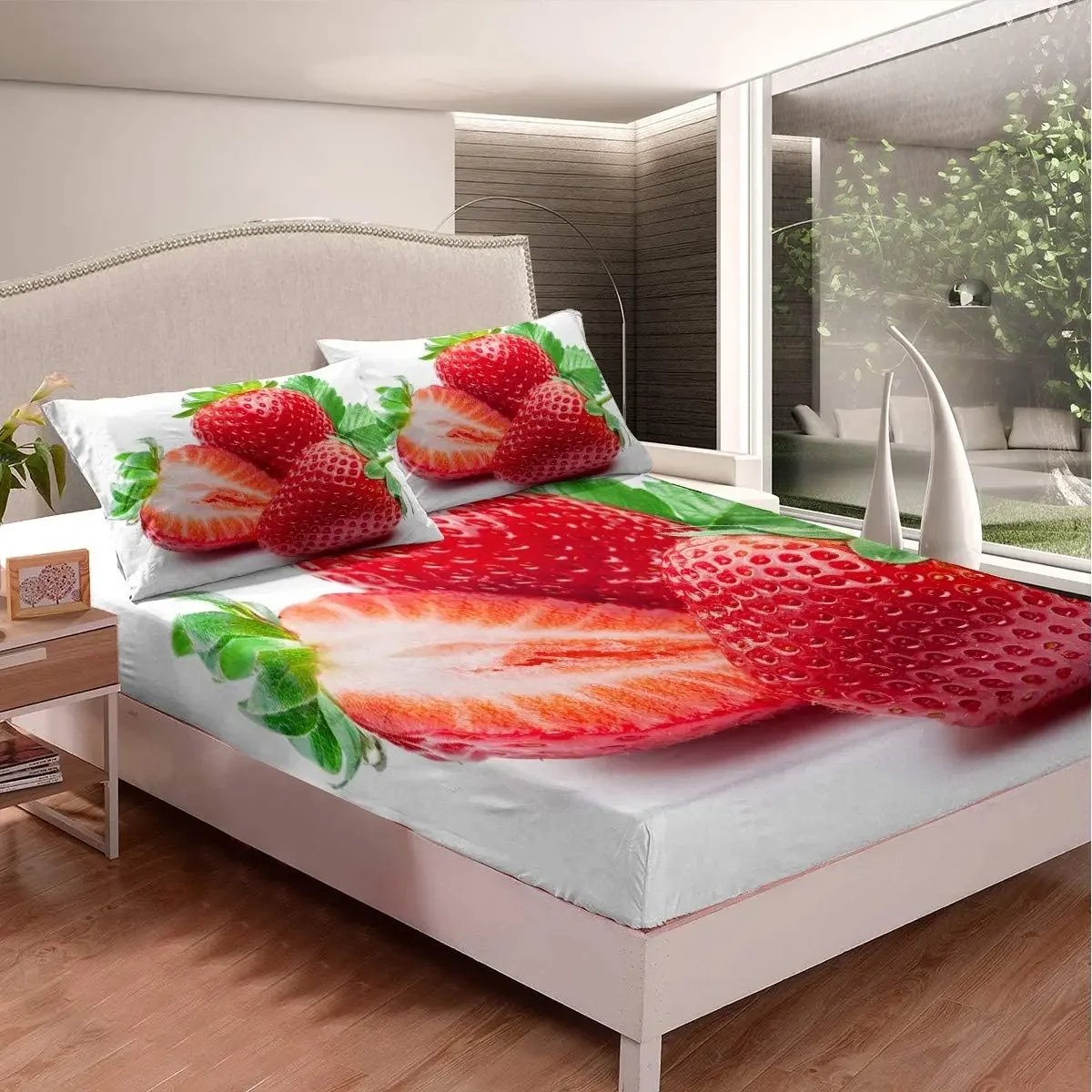 Strawberry Fitted Sheet Food Fruit Bedding Set Summer Theme Bed Cover White Decor Sheet Set for Kids Girls Women King Queen Size