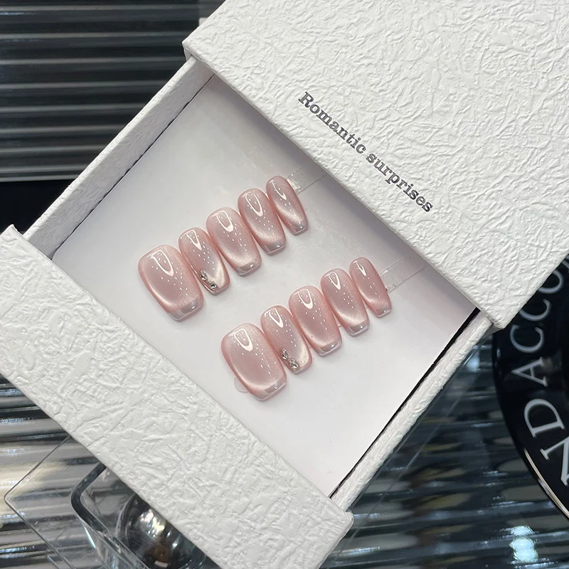 

10pcs/bag Silver French Light Pink Color Cat Magnetic Handmade Press On Nails M/S Size Medium Square Full Cover False Nails