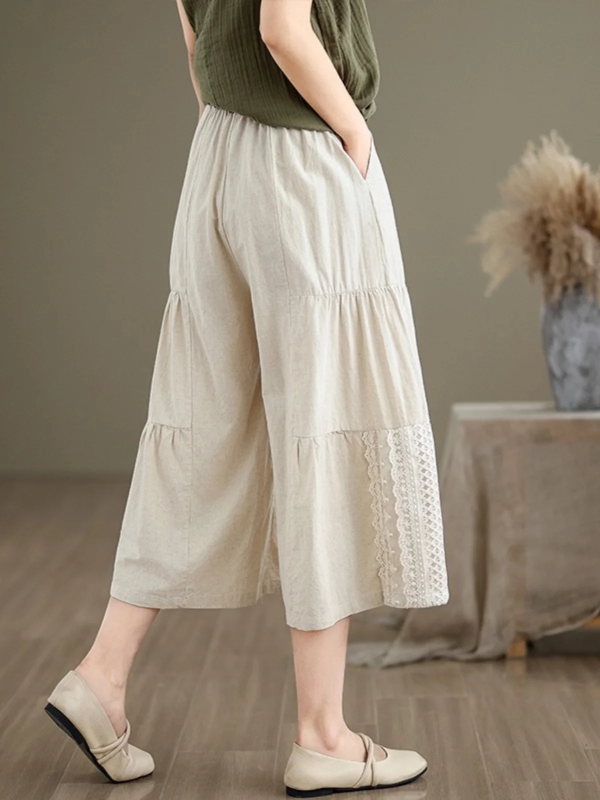 Baumwolle Leinen Breite Bein Hosen frauen Sommer Casual Spitze Trim Patchwork Sieben-Fuß Baumwolle Leinen Hosen Hohe Taille pendeln Sle