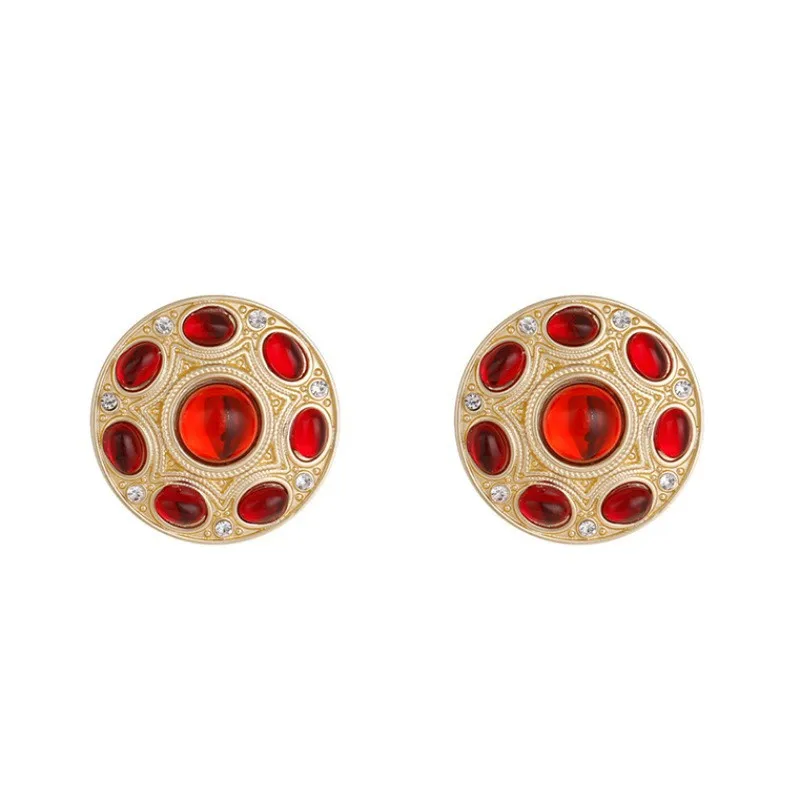 Medieval vintage court style round gold stud earrings women's retro pearl earrings temperament light luxury diamond earrings