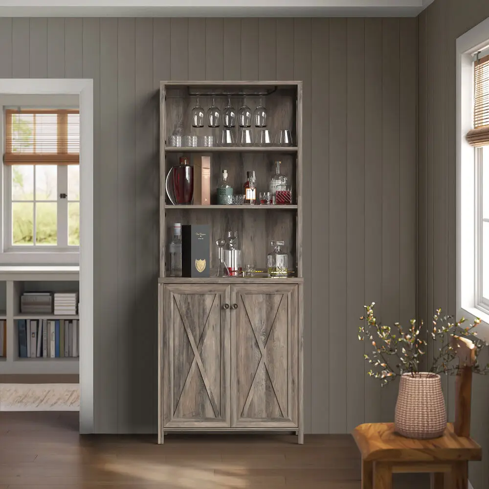 67" Kitchen Pantry Bar Cabinet for Liquor Glass Storage Organizer w/Wine Rack