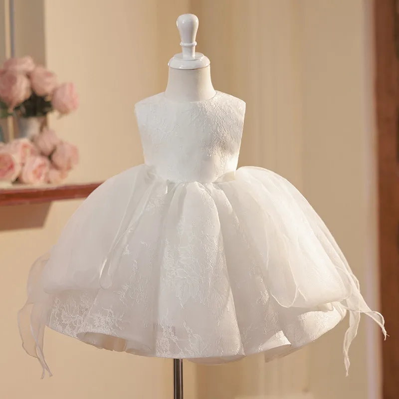 2026 Kids Formal Princess Dress Children White Flower Girl BirthdayPageant Girls Gown Costume Little Host Piano Performance