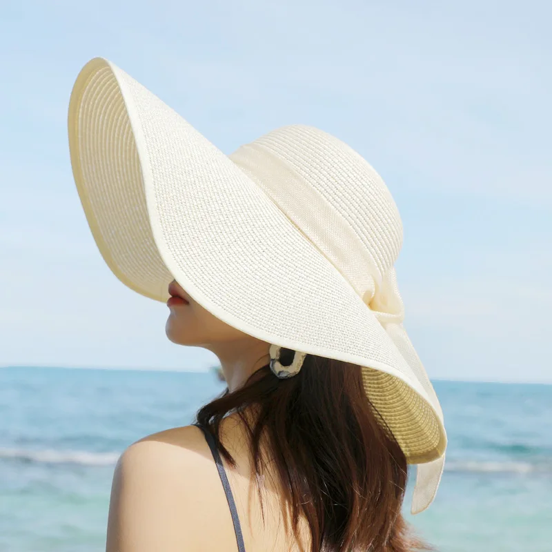 INS Handmade Weave Bow Sun Hats for Women 2023 Black Ribbon Large Brim Straw Hat Outdoor Beach Summer Caps Gorras Hombre