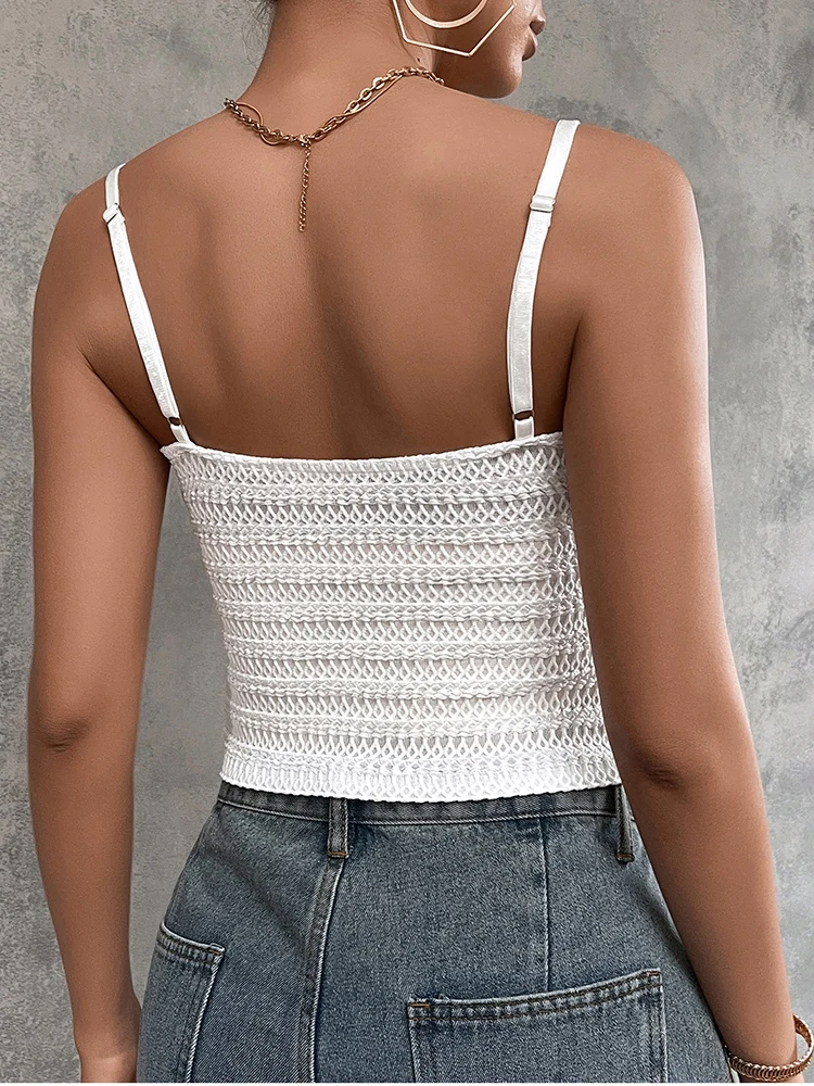 NewAsia White Lace Bow V Neck Crop Cami Top Women Sleeveless Spaghetti Strap Knit Camisole Backless Slim Fit Summer Y2K Tank Top