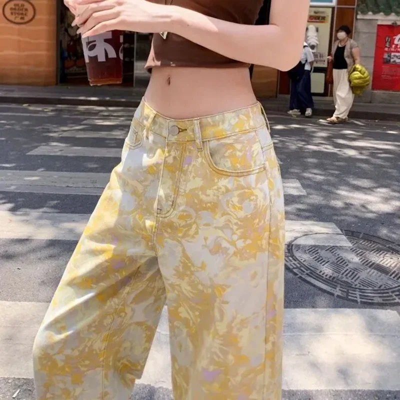

Female High Waisted Denim Pants 2025 Women Straight Leg Casual Jeans Pants Lady Yellow Tie Dye Printed Jeans Trousers Size S-2XL