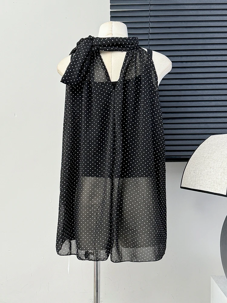 Kimotimo French Polka Dot Bow Lace Up Halter Sleeveless Blouse Women Summer Temperament Loose Chiffon Tank Top Casual Chic Shirt