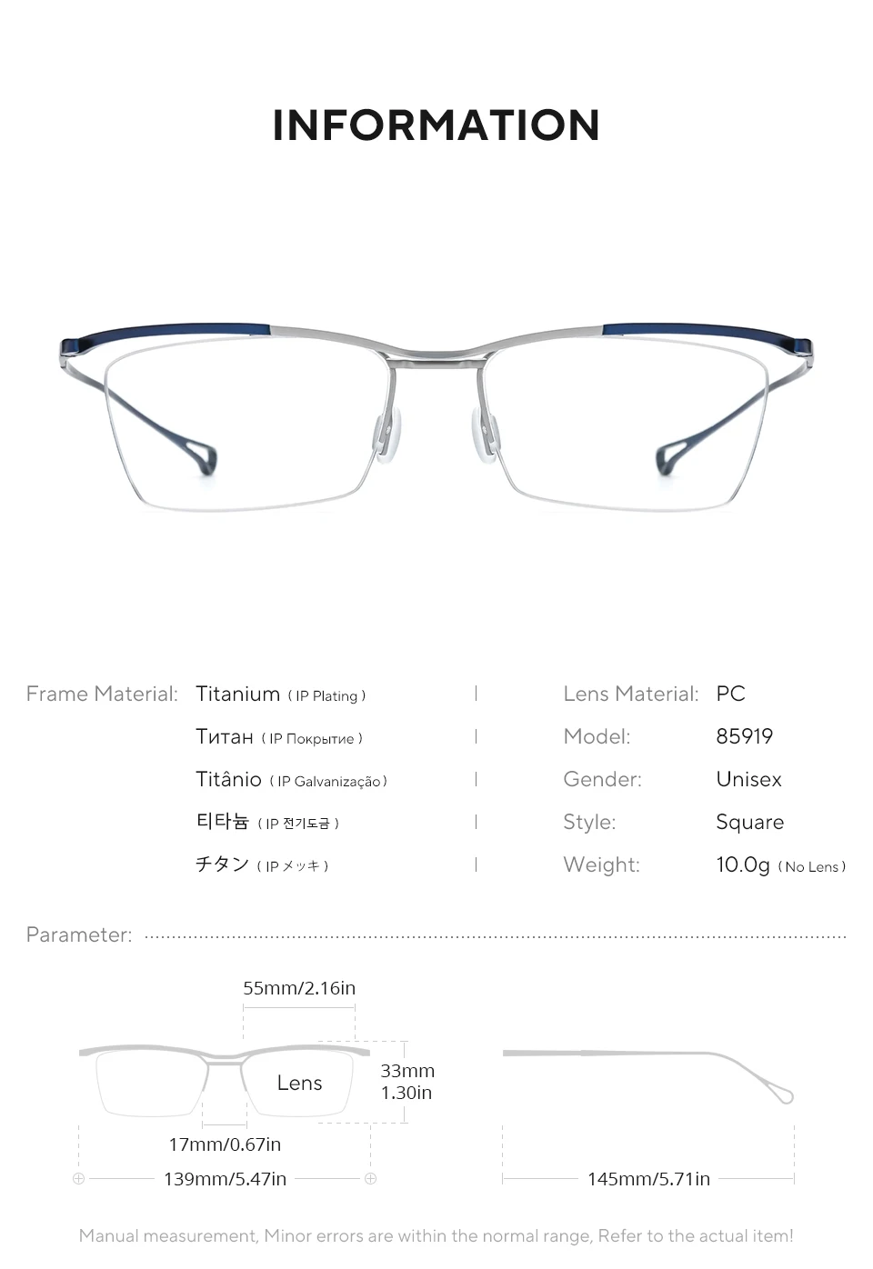 FONEX Titan-Brillengestell für Herren, Markendesign, halbrandlose, quadratische Brille, japanische weiße, ultraleichte Halbrandbrille 85919 – Detail 3