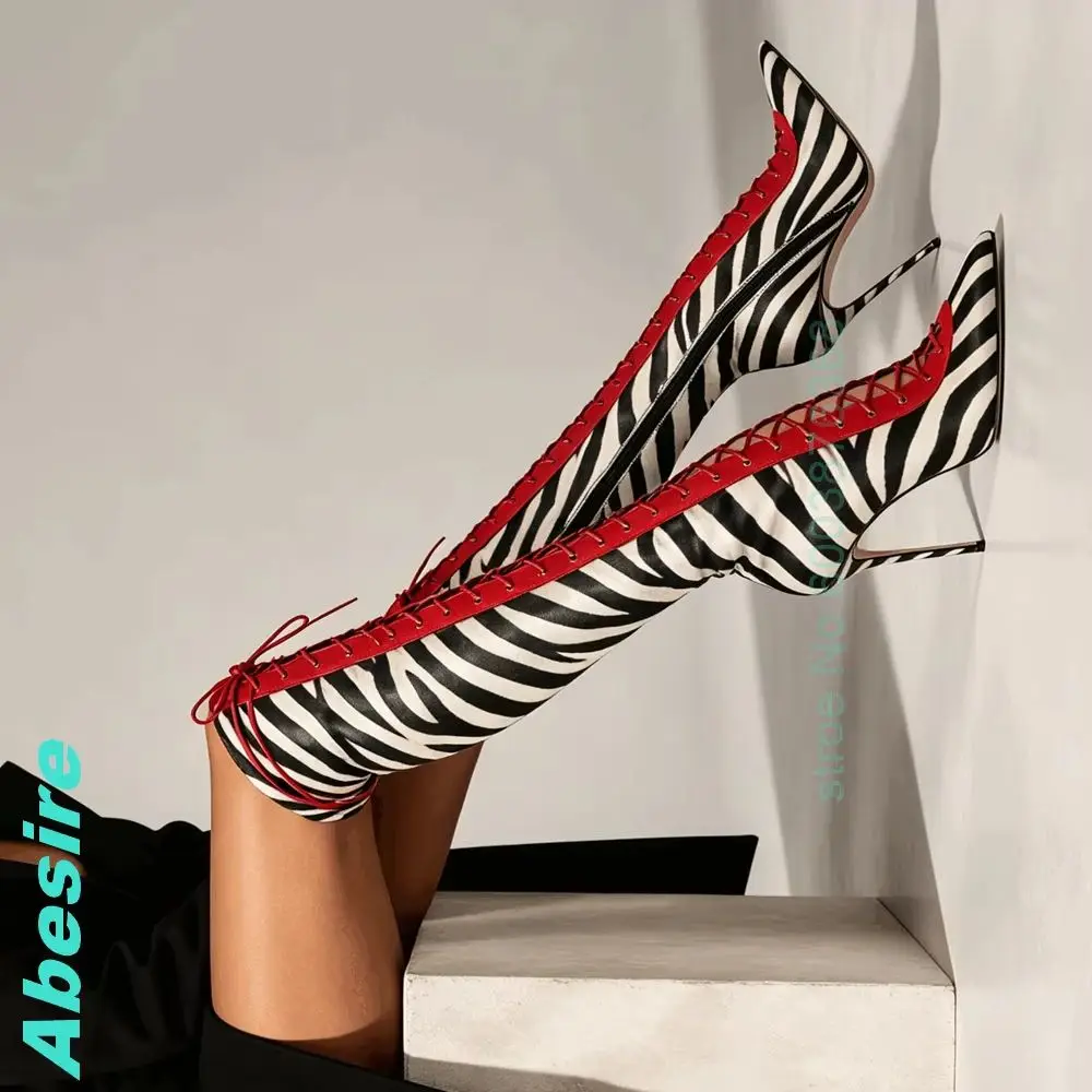Y2K Zebra Print Red Lace Up Knee High Boots Pointed Toe Cross-Tied Stiletto Heel Women's Boots Sexy Party Fashion Show Shoes